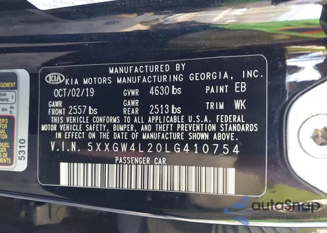 2020 Kia Optima Sx Turbo z USA, uszkodzony, nr VIN 5XXGW4L20LG410754